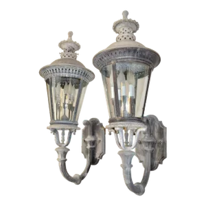 Pair, Architectural Monumental Pagoda Style Outdoor Lantern Wall Lights Sconces
