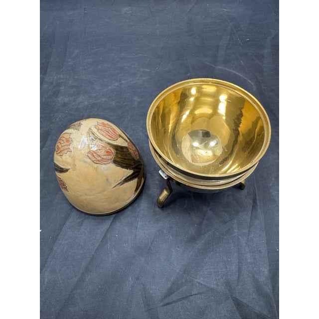 Vintage Gold Beige Cloisonne Enamel Brass Egg on Stand Lift Off Trinket Box 6" For Sale - Image 4 of 10