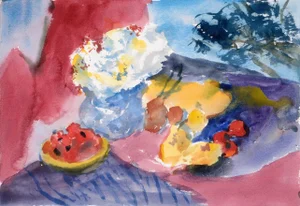 Circa 2000 "Still Life with Watermelon and Pears" Watercolor Painting by Les Anderson