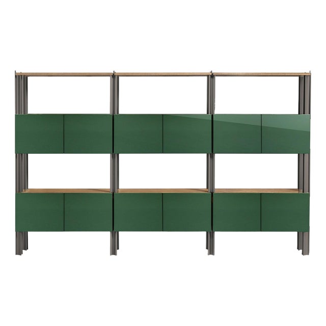Flexor Green Polished-Lacquered Wood and Aluminum Bookshelf by Robert Stadler For Sale