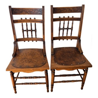 Pair Pressed Back Chairs With Leather Seats For Sale