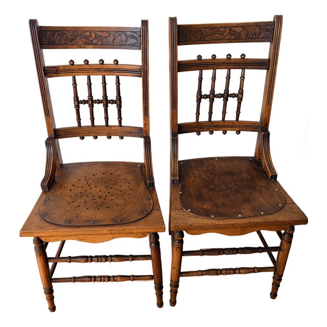 Pair Pressed Back Chairs With Leather Seats For Sale