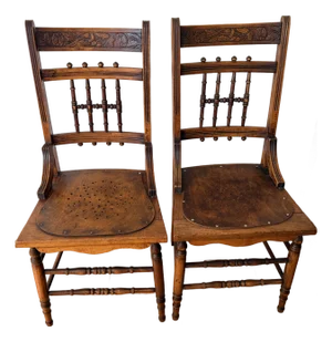 Pair Pressed Back Chairs With Leather Seats