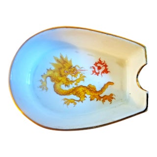 1930s Meissen Rare Yellow Ming Dragon Porcelain Ashtray/Spoon Rest With Gold Trim For Sale