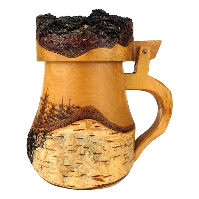 Large Wooden Beer Mug in Carved Birch and Bark with Deer Motif, Black Forest, 1960s For Sale