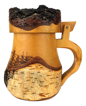 Large Wooden Beer Mug in Carved Birch and Bark with Deer Motif, Black Forest, 1960s