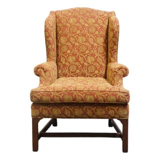 Henredon Furniture Traditional Gold & Terracotta Scrolling Demask Upholstered Accent Wingback Arm Chair For Sale