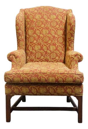 Henredon Furniture Traditional Gold & Terracotta Scrolling Demask Upholstered Accent Wingback Arm Chair