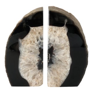 Vintage 1990s Polished Geode Obsidian and Quartz Bookends - a Pair For Sale