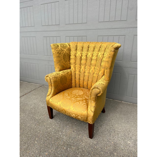 Late 20th Century Late 20th Century Yellow Damask Mahogany Wingback Chair For Sale - Image 5 of 12