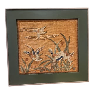 Early Grenfell Industries Hooked Rug Mat Ducks in Flight Framed 1930s Newfoundland Folk Art For Sale