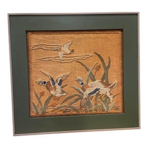 Early Grenfell Industries Hooked Rug Mat Ducks in Flight Framed 1930s Newfoundland Folk Art