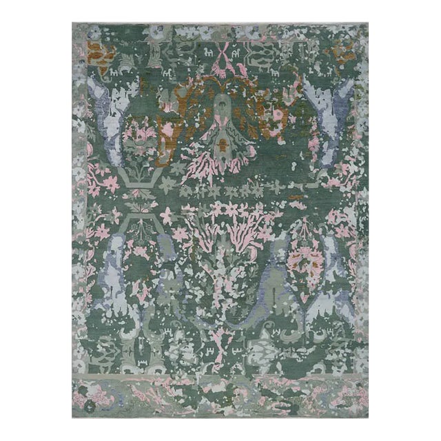 Handwoven Modern Ikat Green/Pink Area Rug 9'1" X 12'3" For Sale