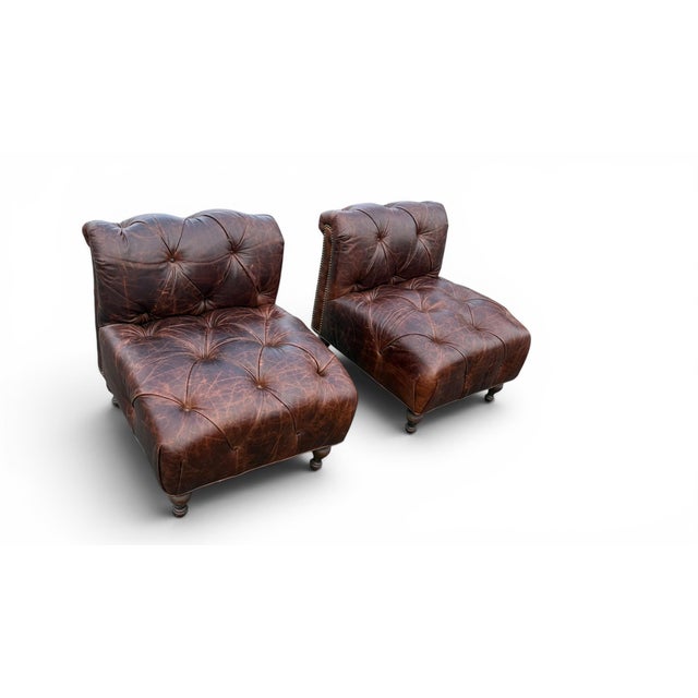 Wood Pair of Chesterfield Leather Slipper Chairs For Sale - Image 7 of 9