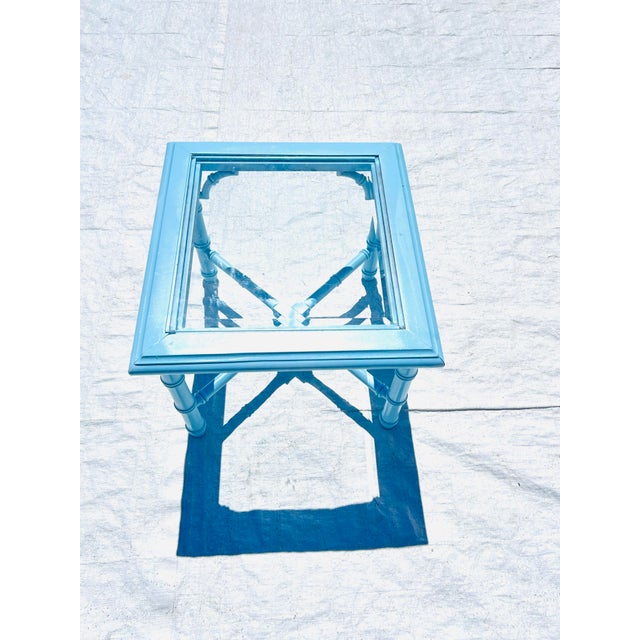 Lane Furniture 70's Vintage Lane Faux Bamboo Glass Top End Table Newly Painted Robins Egg Blue For Sale - Image 4 of 9
