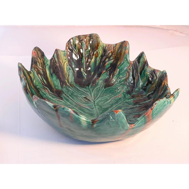 Early 20th Century Vintage Majolica Cabbage Ware Leaf Bowl XL Deep Pottery Glazed For Sale - Image 5 of 10
