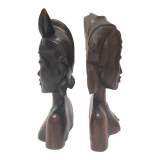 1950s Art Deco Hand Carved Wooden Balinese Busts Bookends - a Pair For Sale
