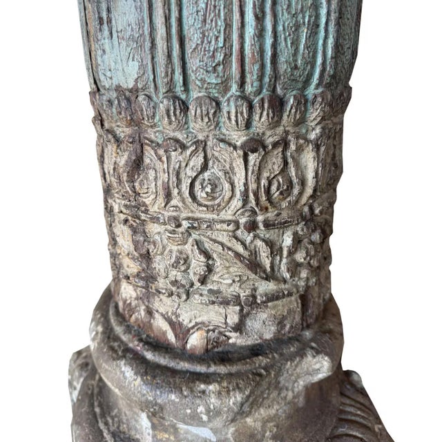 Wood Pair of Hand Carved Reclaimed Teak Pillars With Stone Base | 8.5ft Tall Antique Indian Haveli Columns |Distressed Blue Architectural Salvage For Sale - Image 7 of 7