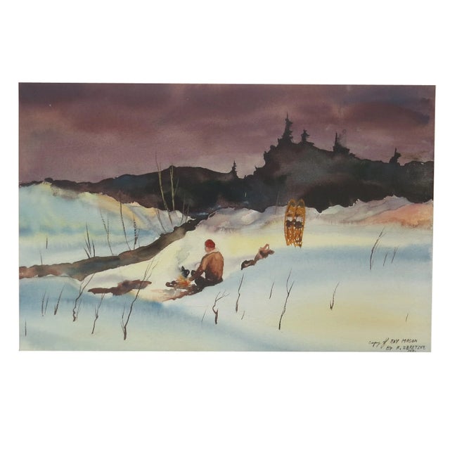 Vintage framed watercolor landscape mountain snow scene after Roy Martell Mason. Bright, strong colors depicting a man...
