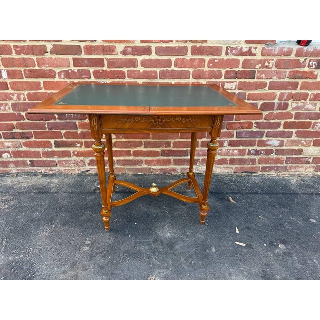 Wood Vintage Louis XvI Style Marquetry Stretcher Base Brass Mounted Floral Inlaid Card Table For Sale - Image 7 of 16