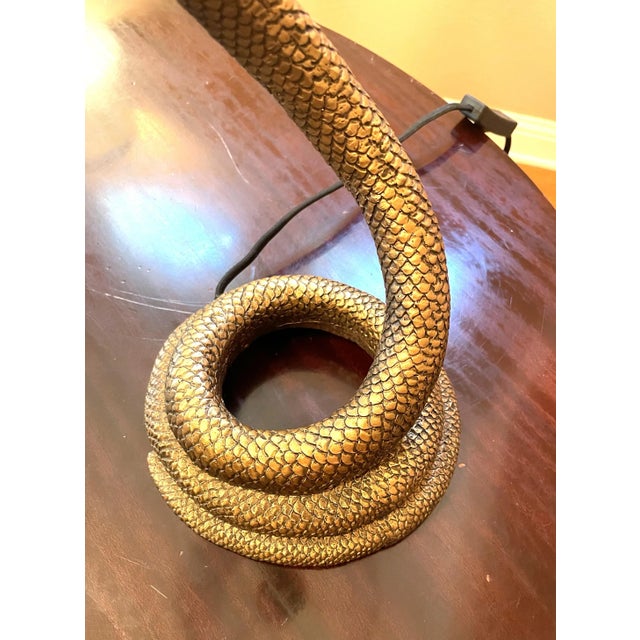 Late 20th Century Solid Brass Coiled Cobra Snake Table or Desk Lamp With White Shade For Sale In Austin - Image 6 of 7