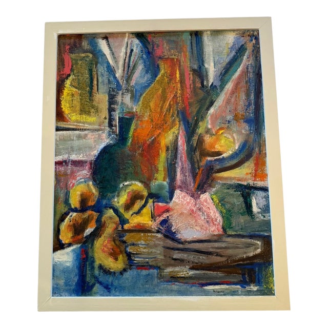Mid 20th Century Framed Modern Abstract Impression Oil on Canvas Still Life Signed Hilborn For Sale