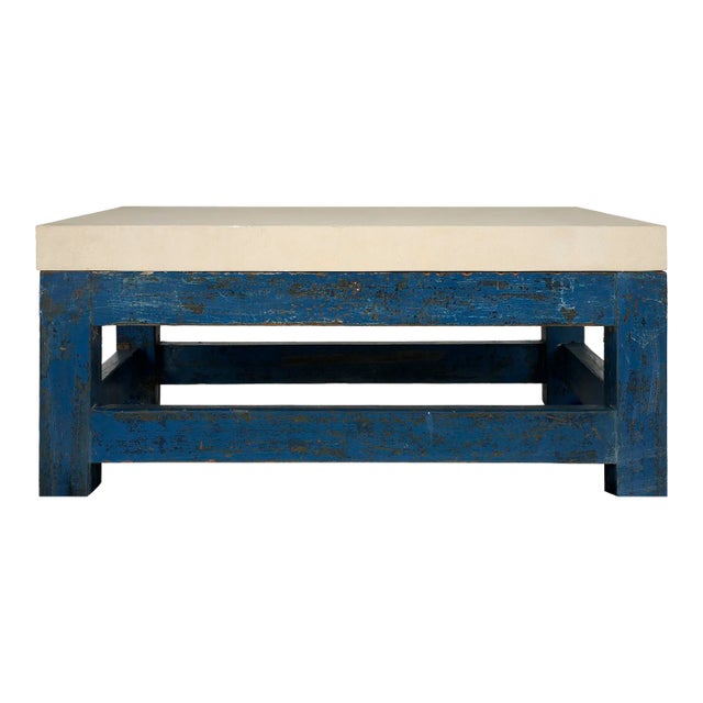 Paint Patina Shop Table as Coffee Table With Limestone Top For Sale