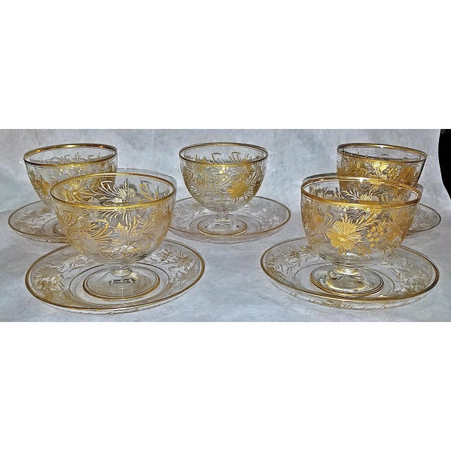 1920s Gilt Etched French Crystal Sherbert Cups Saucers Set- 13 Pieces For Sale - Image 11 of 11