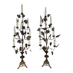 Pair of Gilded Brass Candelabra Lamps With Foliate & Grape Motifs