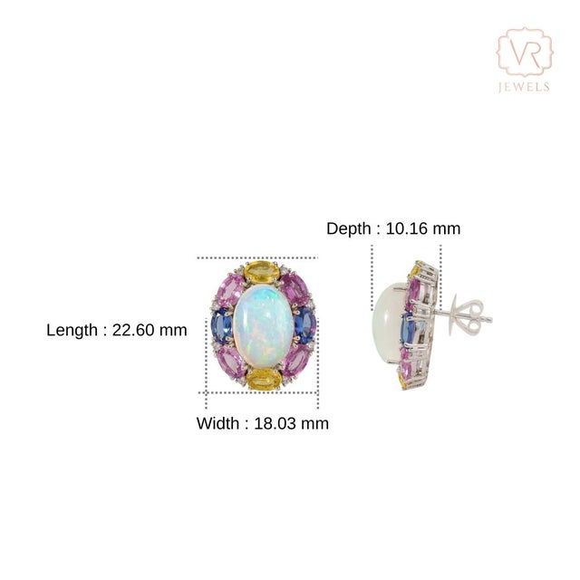 18k White Gold 18.2ct Opal & Multi Sapphire Cluster Stud Earrings With Diamonds- 2 Pieces For Sale - Image 10 of 15