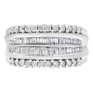 14K White Gold 1.00 Cttw Round and Baguette-Cut Diamond Modern Band Ring (H-I Color, SI2-I1 Clarity) - Ring Size 7 For Sale