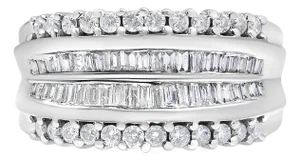 14K White Gold 1.00 Cttw Round and Baguette-Cut Diamond Modern Band, Ring Size 7