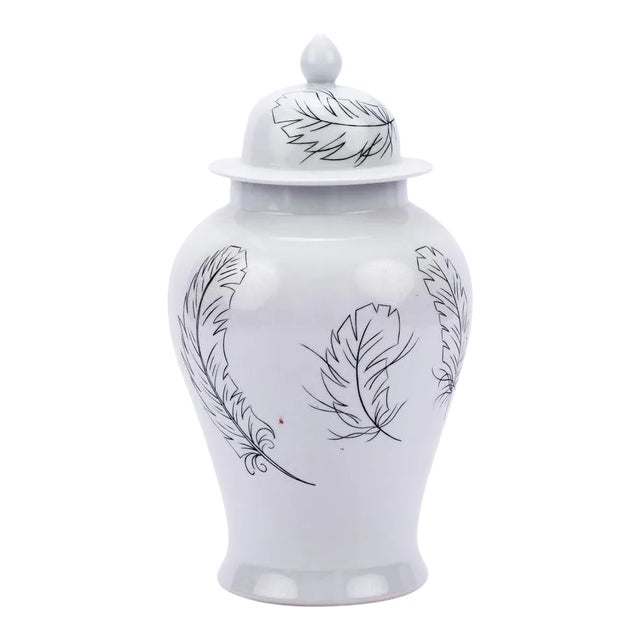 Feathers Design White & Black Ceramic Temple Jar For Sale