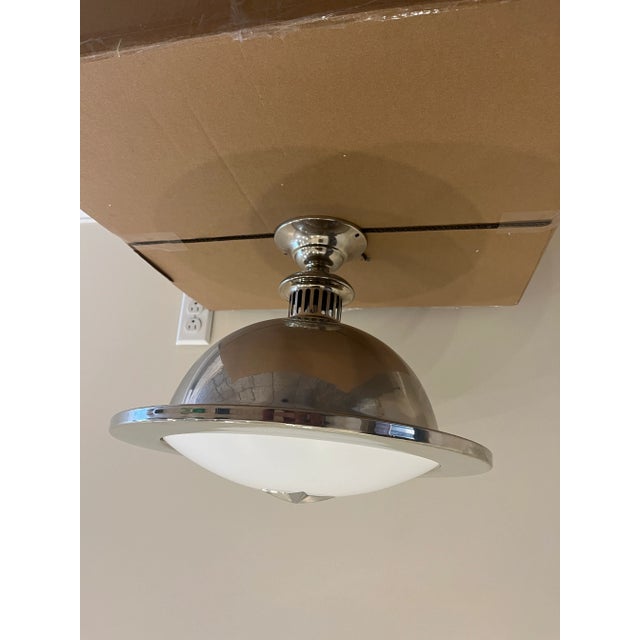 Remains Lighting Orson Pendant Semi Flush Mount, Stainless, Milk Glass, Rare For Sale In Boston - Image 6 of 14
