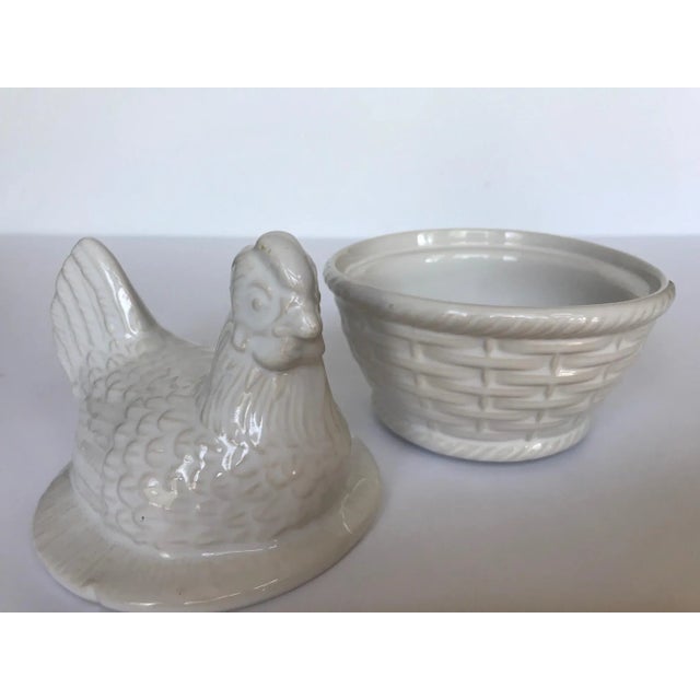 White Ceramic Hen Sitting on a Basket Dish Made in Portugal For Sale In Austin - Image 6 of 8