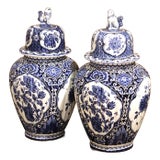 Pair of Mid-20th Century Dutch Painted Blue and White Faience Delft Ginger Jars For Sale
