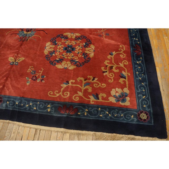Textile 1920s Burnt Orange Field Floral Deco Oriental Antique Chinese Peking Knotted Rug For Sale - Image 7 of 10