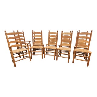 Vintage Set of 10 Light Oak Ladder-Back Rush Seat Dining Chairs For Sale