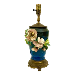 Antique French Barbotine Majolica Floral Lamp