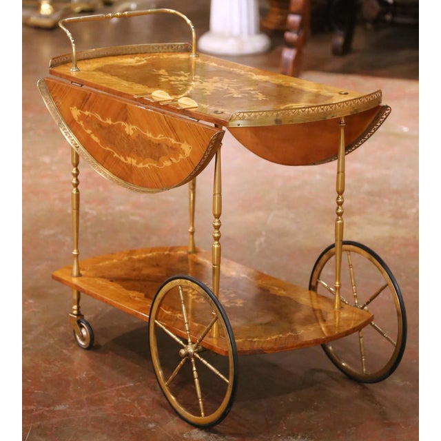 Mid-Century Italian Marquetry Bar Cart With Drop Leaves and Gilt Brass Gallery For Sale In Dallas - Image 6 of 8