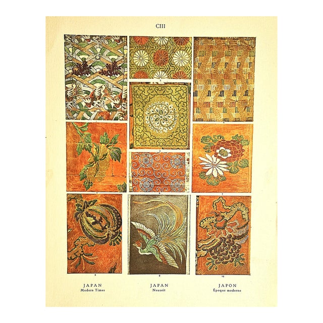 C1880s Antique French Chromolithograph -Japanese Textile Designs For Sale