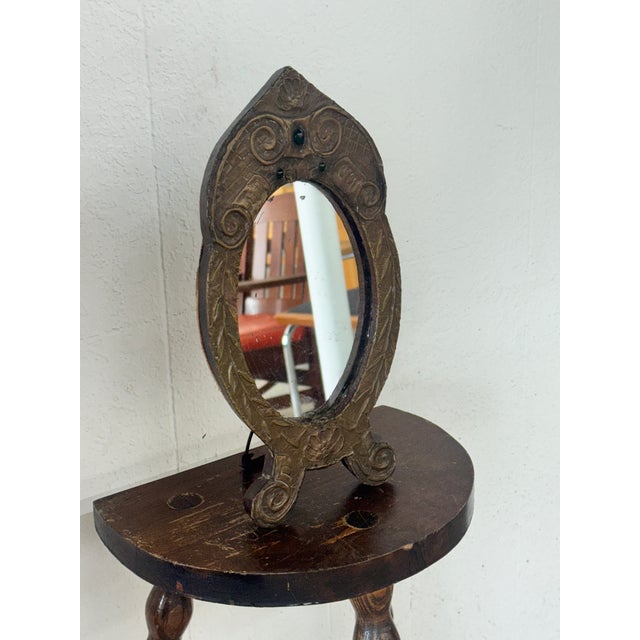 Antique French Repoussé Metal Table Mirror With Green Glass Accents, C. 1900–1930 For Sale In Miami - Image 6 of 9