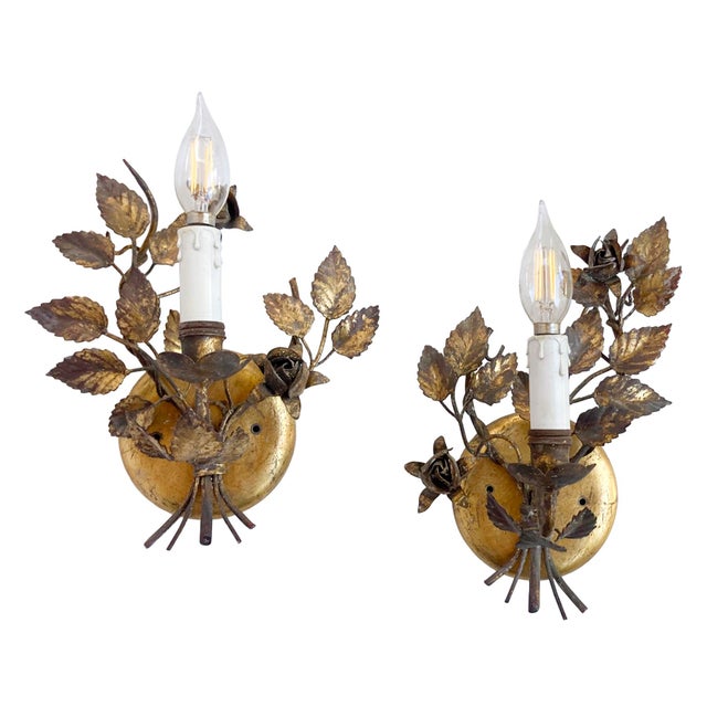Hollywood Regency Vintage Florentine Gold Gilt Metal Rose Sconces - a Pair For Sale - Image 3 of 14