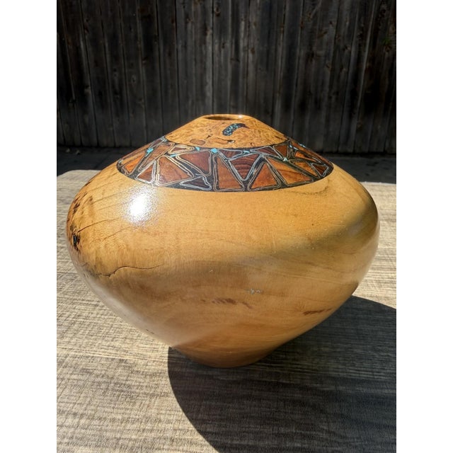 Late 20th Century Late 20th Century Signed Studio Spalted Maple Turned Wood Vessel With Copper, Silver Turquoise Inlay For Sale - Image 5 of 10