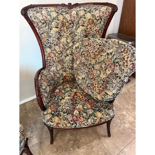 Pair of Vintage Victorian-Style Floral Wingback Chairs For Sale - Image 4 of 9