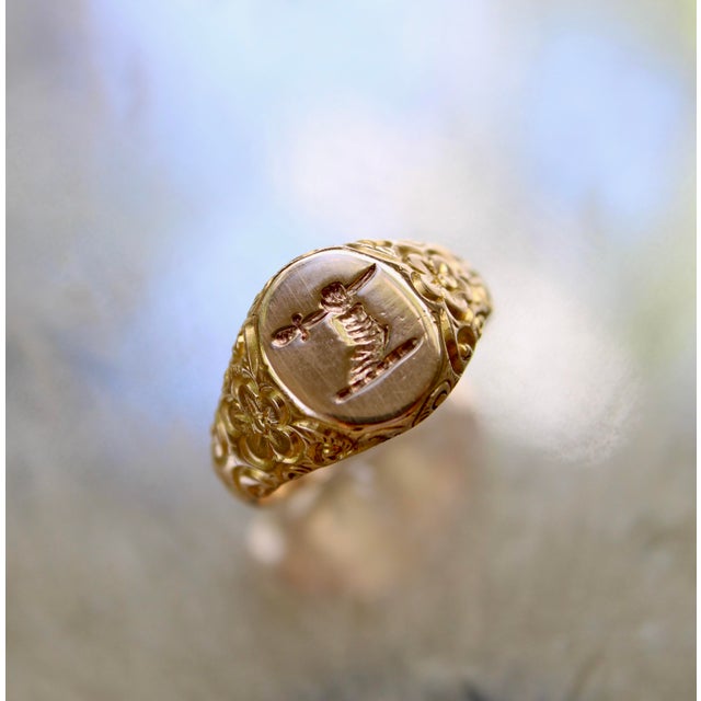 Metal Late 19th Century 14k Gold Victorian Signet Ring With Arm Holding Sword Intaglio, Size 7 For Sale - Image 7 of 11