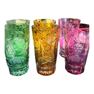 1960s Set of 6 multicolor cut to clear highball glasses attributed to Val St Lambert // cut crystal // midcentury glassware // elegant barware For Sale