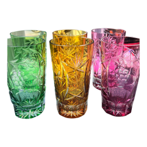 1960s Set of 6 multicolor cut to clear highball glasses attributed to Val St Lambert // cut crystal // midcentury glassware // elegant barware
