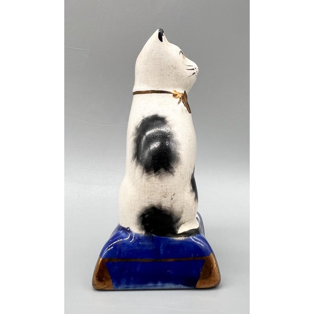 Antique Black & White Cat Figurine on Blue Base – Staffordshire Pottery Style For Sale - Image 11 of 12