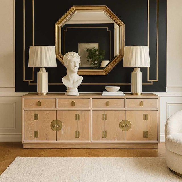Refinished Mount Airy Bleached Oak Sideboard With Brass Hardware, Mid-Century For Sale - Image 10 of 18